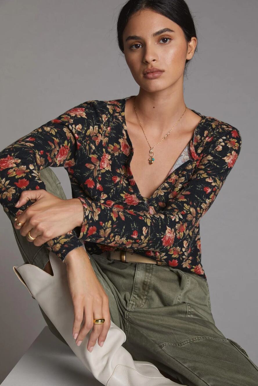 Anthropologie Pilcro Splitneck Top Black Floral Motif Small